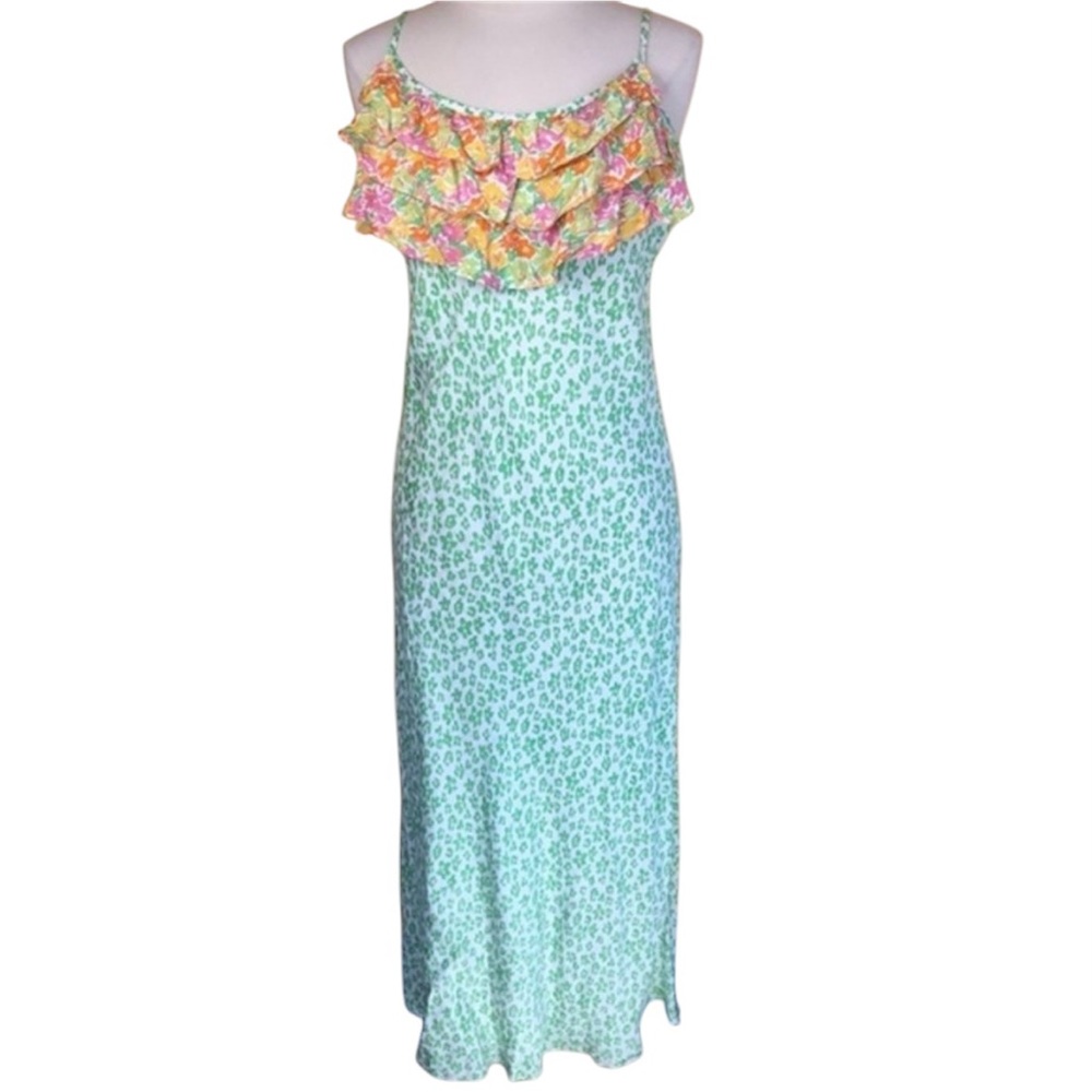 Rixo white Maxi Sundress w/Green animal print & pink orange ruffle top SizeLarge
